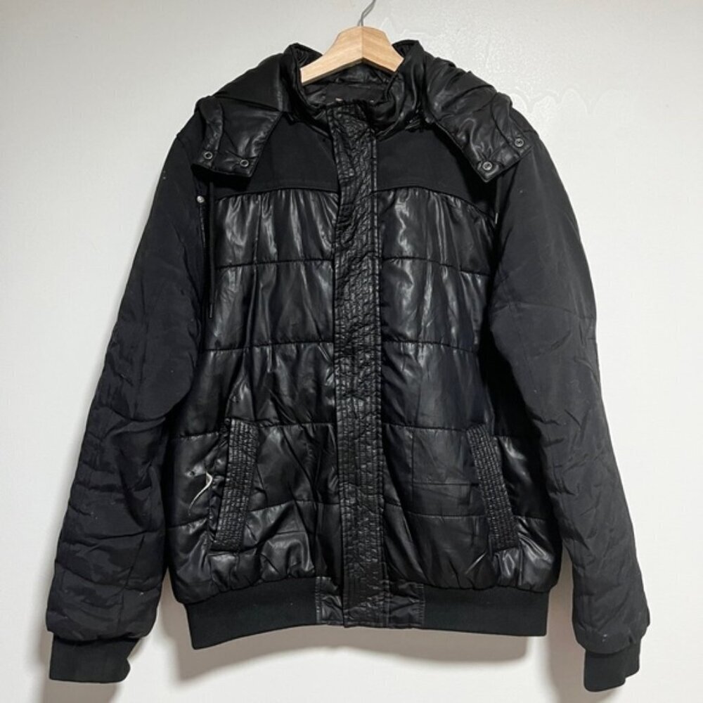 GUESS Black Puffer Bomber Jacket Men’s Size L Hooded Faux Leather Trim